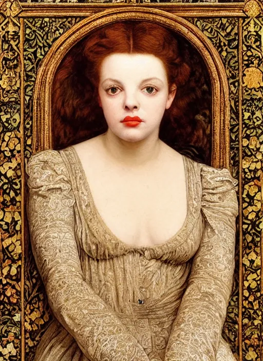 Prompt: masterpiece of intricately detailed preraphaelite photography portrait hybrid of judy garland and jackie fox, aged 3 2, sat down in train aile, inside a beautiful underwater train to atlantis, woman with large lips big eyes large nose, straight fringe, medieval dress yellow ochre, by william morris ford madox brown william powell frith frederic leighton john william waterhouse hildebrandt