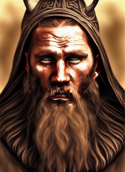 Image similar to viking looking tired, portrait, dramatic light, fierce, digital painting