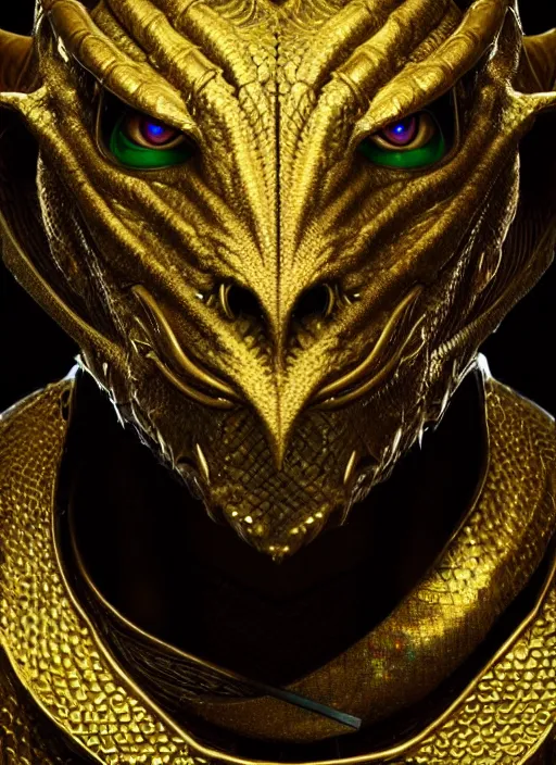 Image similar to portrait of a dragonborn hero, golden scales and green eyes, perfect facial symmetry + dim volumetric lighting, 8k octane beautifully detailed render, post-processing, extremely hyperdetailed, intricate, epic composition, grim yet sparkling atmosphere, cinematic lighting + masterpiece, trending on artstation