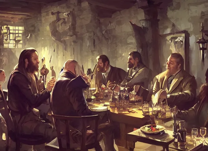 Prompt: medieval rich kingpin sitting in a tavern with his thugs, drinking and cheering, few subjecs, elegant, close frontal shot, digital painting, concept art, smooth, sharp focus, illustration, from d & d by ruan jia and mandy jurgens and artgerm and william - adolphe bouguerea