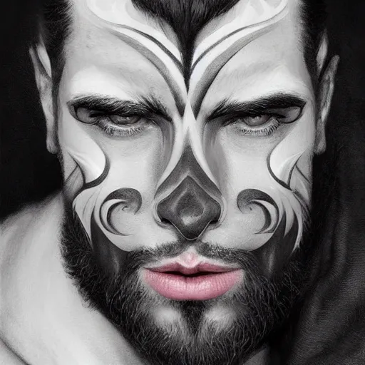 Image similar to Beautiful face Portrait of very manly Gigachad with very big jaws, big eyebrows, colorful face painting on grey scale face, powerful , magic, thunders, dramatic lighting, intricate, wild, highly detailed, digital painting, artstation, concept art, smooth, sharp focus, illustration, art by artgerm and greg rutkowski and alphonse mucha, footage from space camera