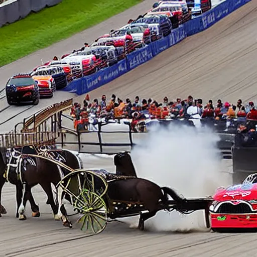 Prompt: amish horse pulled buggy in a nascar race, long shot