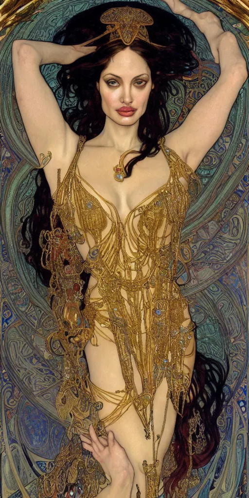 Prompt: realistic detailed dramatic portrait of Anglina Jolie as Salome dancing, wearing an elaborate jeweled gown, by Alphonse Mucha and Gustav Klimt, gilded details, intricate spirals, coiled realistic serpents, Neo-Gothic, gothic, Art Nouveau, ornate medieval religious icon, long dark flowing hair spreading around her