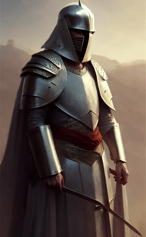 Image similar to white man looking forward in decorated plate armor, cylindrical crusader great helm covering all his head and white silk cape covering his elbows drawn by greg rutkowski realistic high detail