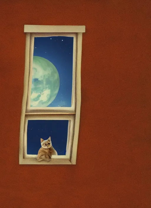 Prompt: cat is inside a window and is watching a martian landscape