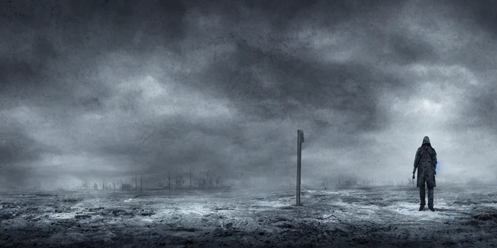 Prompt: lone person standing in a nuclear winter, apocalyptic, concept digital art