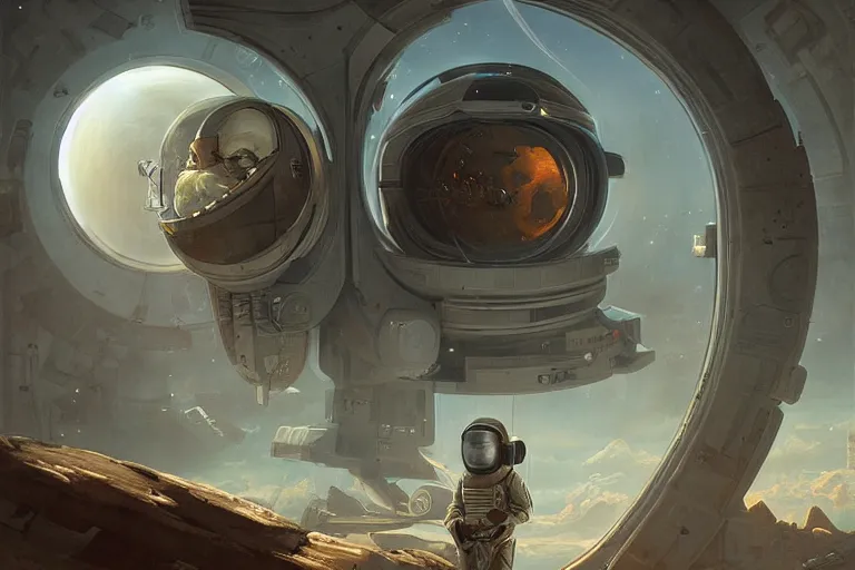 Image similar to a futuristic male astronaut looking at ancient renaissance athens through a time travel spaceship window, scifi, by wlop, peter mohrbacher, jakub rebelka, visually stunning, beautiful, masterpiece