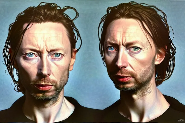 Image similar to hyper realistic portrait of thom yorke mixed with tilda swildon, bigger forehead, bigger chin, from the side, by lee bermejo, alphonse mucha and greg rutkowski