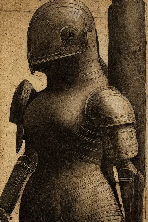 Prompt: a Large robust broad bodied woman wearing a heavy mechanical armor | Leonardo Da Vinci |
