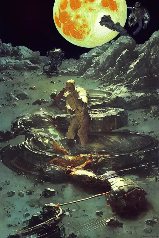 Image similar to a sausage falls onto the surface of the moon, by norman rockwell, jack kirby, jon berkey, earle bergey, craig mullins, ruan jia, jeremy mann, tom lovell, marvel, astounding stories, 5 0 s pulp illustration, scifi, fantasy, artstation creature concept