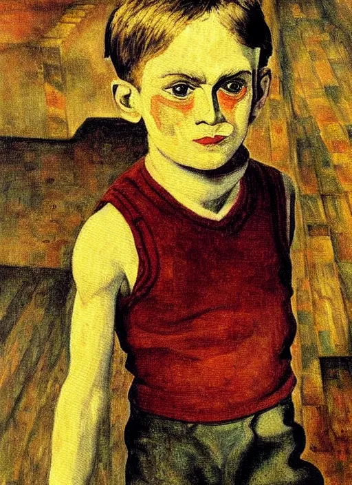 Image similar to detailed painting of a boy in a hall by otto dix, rich deep colors. masterpiece