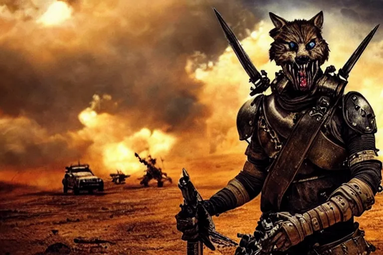 Image similar to a fursona ( from the furry fandom ), heavily armed and armored facing down armageddon in a dark and gritty version from the makers of mad max : fury road.