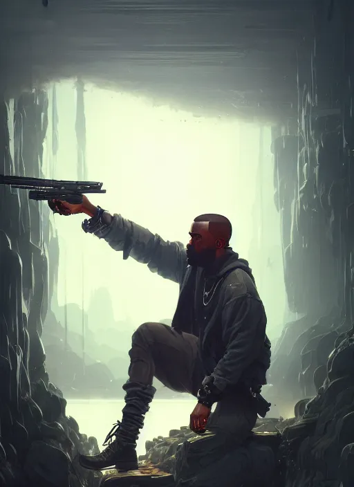 Prompt: highly detailed portrait kanye west holding gun gta v stephen bliss unreal engine fantasy art by greg rutkowski loish rhads ferdinand knab makoto shinkai lois van baarle ilya kuvshinov rossdraws tom bagshaw global illumination radiant light detailed intricate environment