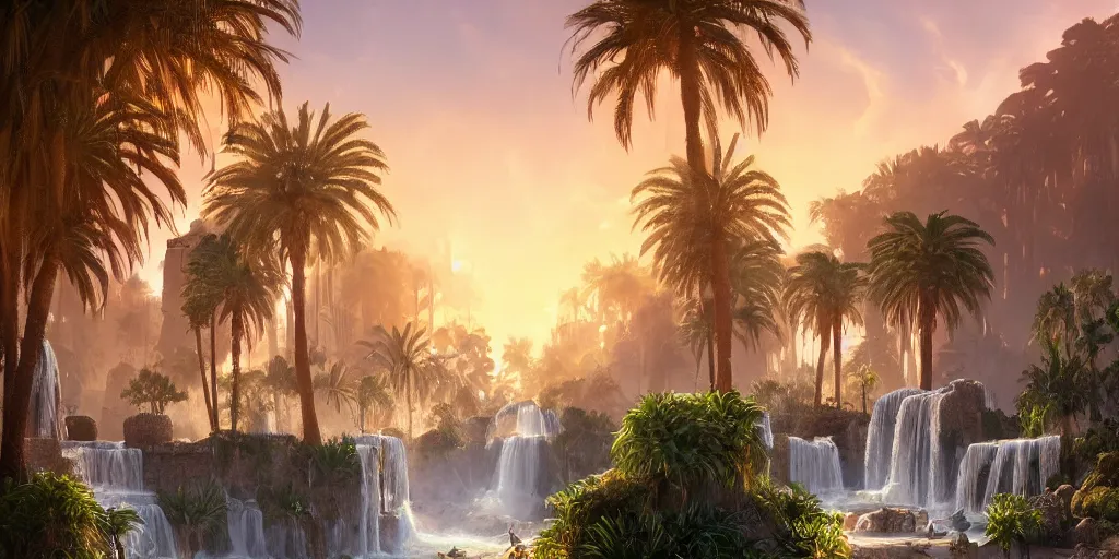 Image similar to beautiful oasis waterfalls surrounded by palm trees moroccan tile archways, date trees, ivory towers sunset peter morbacher ross tran angelarium greg rutkowski alchemy luxury heavenly light soft illumination, trending on artstation cinematic lighting digital painting octane render, artgerm