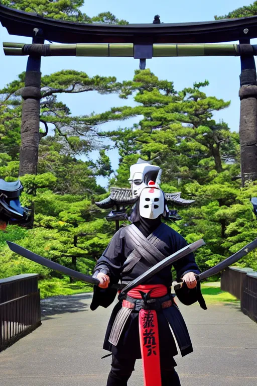 Prompt: a godlike and indomitable helmeted and masked samurai posing with their realistic detailed katana and wakizashi under an enormous Torii gate, the Japanese rising sun in the background. Badass pose. Photo realistic. Award winning