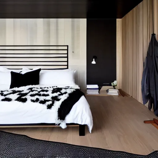 Prompt: bedroom, stone, interior design, stylish luxury hotel bedroom design, yakisugi, black vertical slatted timber, textures, feminine, black walls, art, vase with flowers, Japanese and Scandinavian influences