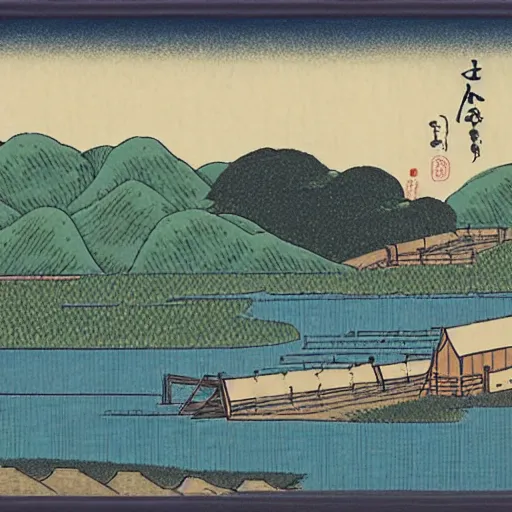 Image similar to a farm next to a lake in the style of ukiyo - e