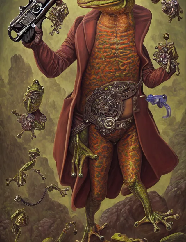 Prompt: anthropomorphic bipedal frog that is dressed as a renaissance librarian, and dual wielding revolver pistols, as a matte oil painting and d & d character art, by alex grey, standing, fullbody, mystic, fog, ornate, gems, concept art, award - winning, extremely detailed, sharp focus