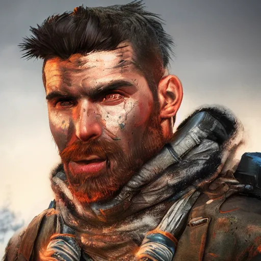 Prompt: A comic book style portrait painting of a male modern warrior in a a post apocalyptic winter landscape, unreal 5, DAZ, hyperrealistic, octane render, RPG portrait, ambient light, dynamic lighting