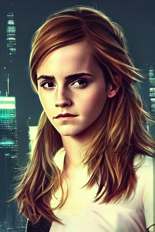 Image similar to Emma Watson, head and shoulders portrait, the background is a huge futuristic city, cyberpunk style futuristic neon lights, artstation cgsociety masterpiece highly-detailed