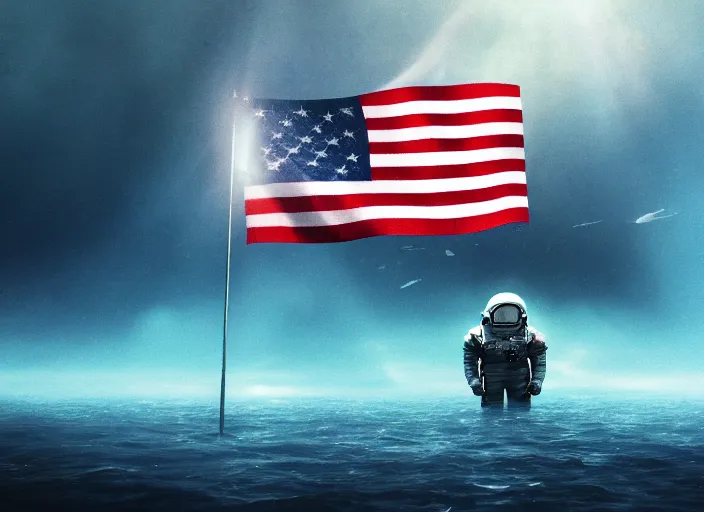 Prompt: astronaut holding a flag in an underwater desert. a submarine is visible in the distance. dark, concept art, cinematic, dramatic, atmospheric, 8 k, trending on artstation, blue, fish, low visibility, light rays, extremely coherent, bubbles, fog, ocean floor, christopher nolan, interstellar, finding nemo