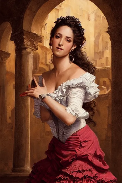 Image similar to rosalia vila i tobella, the singer rosalia, highly detailed, spanish princess, flamenco dancer, highly detailed, digital painting, night scene, 1 8 th century barcelona courtyard, trending on artstation, concept art, sharp focus, illustration, art by artgerm and greg rutkowski and magali villeneuve