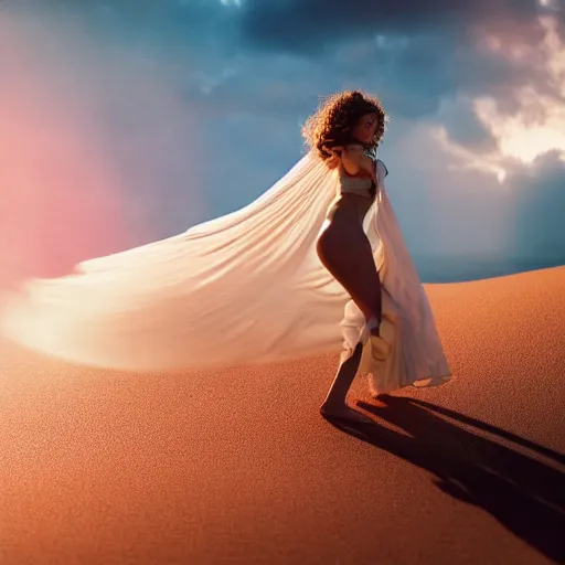 Prompt: filmstill photography of female body covered with curly white translucent blanket blowing in wind, acrylic liquid colors, luxurious supermodel photoshooting, golden jewelry, bokeh, godrays, strong wind, wrinkles, sunrays, sunset, lens flares, monet, renoir, cold colors, sand dunes