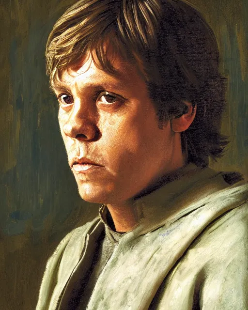 Image similar to painterly portrait, luke skywalker, impasto, fantasy, chuck close:7, carl spitzweg:7, cinematic light, full face, symmetrical face