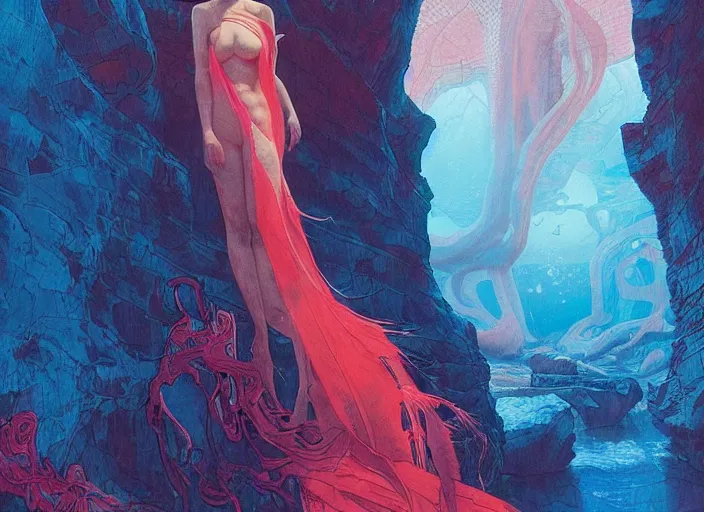 Image similar to lee jin - eun emerging from pink water in cyberpunk theme during a blood moon by the edge of a royal blue antelope canyon by conrad roset, nicola samuri, dino valls, m. w. kaluta, rule of thirds, seductive look, beautiful