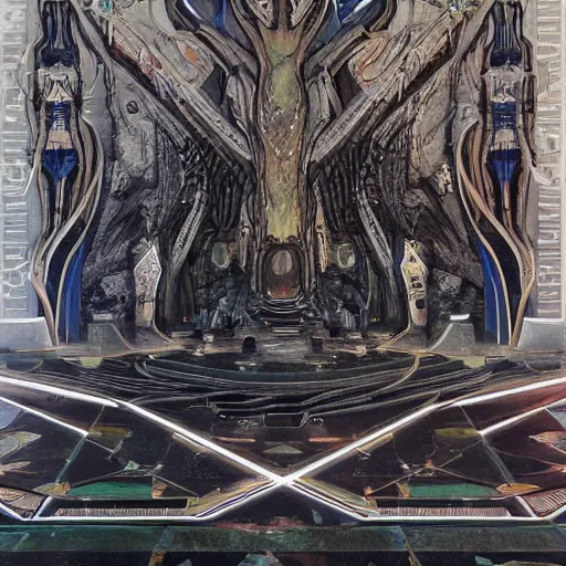 Image similar to a painting of the osmium court on fundament, destiny 2, the taken king, the witch queen, xivu arath, painting by h. r. giger, hive gods