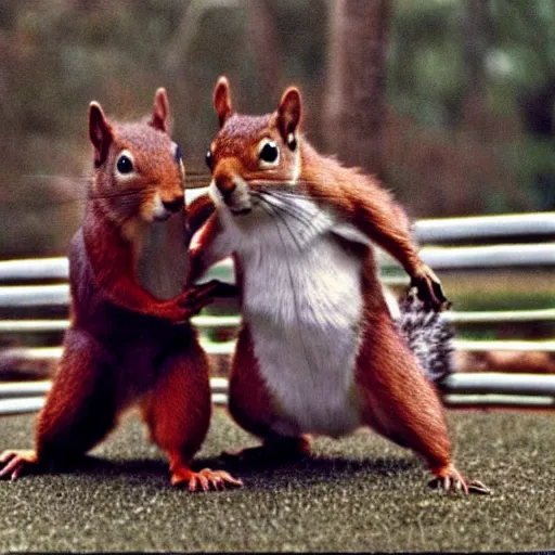 Image similar to a realistic squirrel wrestling at 1 9 8 0 s wrestlemania movie still