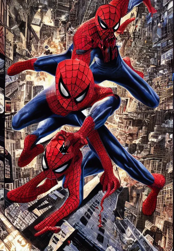 Image similar to spiderman fighting venom in a new york alley, comic book cover by lee bermejo and alex ross