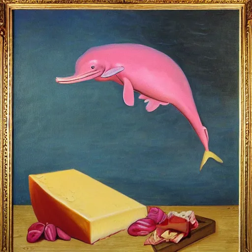 Image similar to a highly detailed oil painting of a pink dolphin ruling a cheese kingdom where everything is made from different types of cheese, surreal, 4 k, trending on art station, in the style of caravaggio, comic book style, van gogh