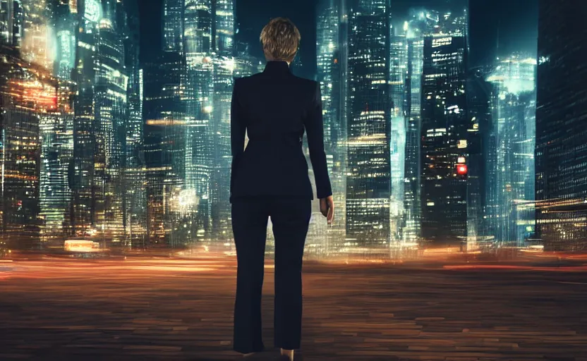 Image similar to a wide shot of a woman with a wool suit, very short hair, blurred face, wearing an omega speedmaster on her wrist in front of a crowded dystopian city full of people walking at night with fog and cyberpunk lights