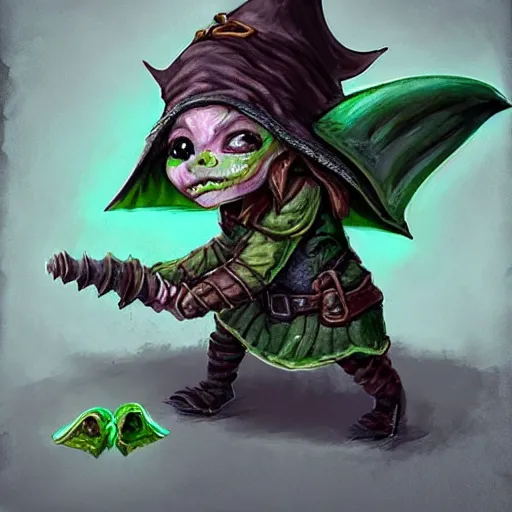 Prompt: cute tiny goblin girl with green skin wearing hunter armor from Bloodborne and a wizard hat, d&d, painting