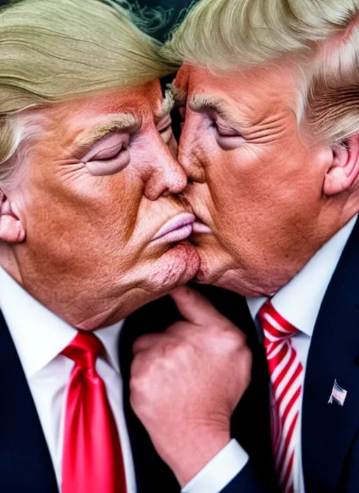 Image similar to beautiful high quality photo of donald trump kissing donald trump. hq. donald trump and donald trump kissing. two donald trumps kissing each other.