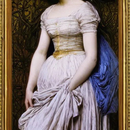 Prompt: portrait en buste of lea seydoux in an edwardian dress by frederic william burton and frederic leighton, abundantly detailed, perfectly detailed eyes