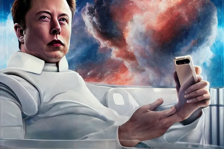 Image similar to hyperrealism aesthetic ridley scott and denis villeneuve style photography of a detailed hyperrealism elon musk, siting on a detailed futuristic toilet and scrolling his smartphone in hyperrealism scene from detailed art house movie in style of alejandro jodorowsky and wes anderson