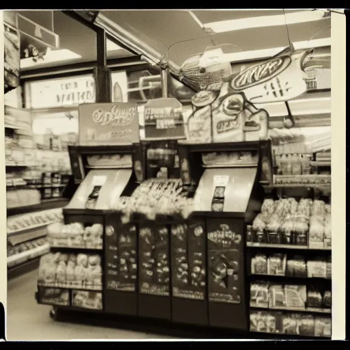 Prompt: Vintage Photograph of a futuristic time machine inside of a grocery store, shallow depth of field, awkward, out of place, polaroid 600 Color