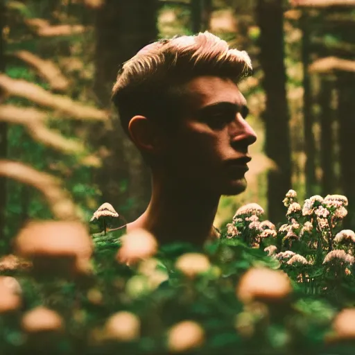 Image similar to close up kodak portra 4 0 0 photograph of a skinny guy standing in dark forest, face covered in flowers, moody lighting, telephoto, 9 0 s vibe, blurry background, vaporwave colors, faded!,