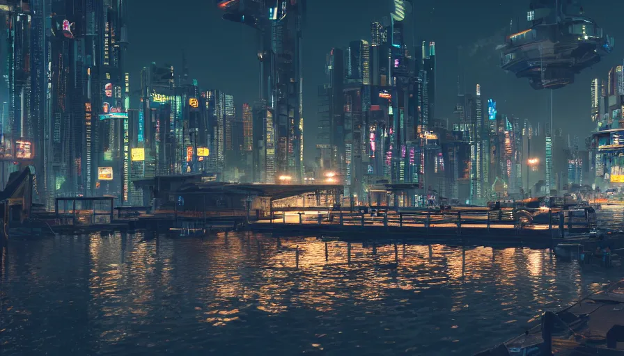 Image similar to night scene of a futuristic cyberpunk fishing village docks , 50mm, beautiful lighting, ultra detailed, 4k, 8k, trending on artstation, octane render, photorealistic, unreal engine 5