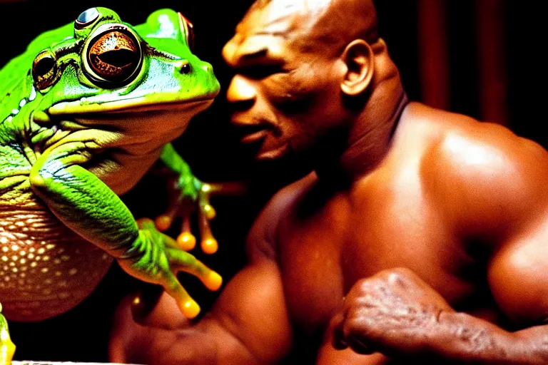 Image similar to a giant frog sitting with mike tyson in a bar, mike tyson with a toad, movie directed by martin scorsese and christopher nolan, masterpiece, 8 h