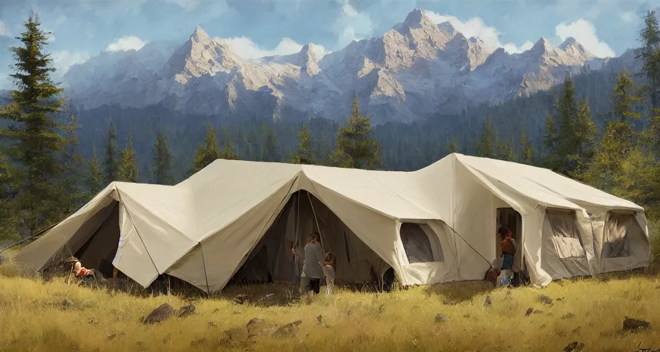 Image similar to cabela's beautiful comfortable modular insulated wall kit - house all weather family dwelling tent house, person in foreground, mountainous forested wilderness open fields, beautiful views, painterly concept art, joanna gaines, environmental concept art, farmhouse, magnolia, concept art illustration, by james gurney, by craig mullins, by greg rutkowski trending on artstation