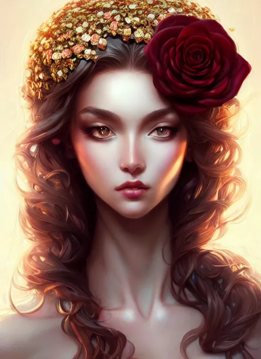 Image similar to modern goddess of beauty wide angle view, roses, flowers, gold, diamonds, highly detailed, artgerm, cushart krenz, artstation, soft light, sharp focus, illustration, character design, concept art