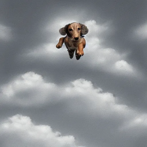 Image similar to elderly light gray wire-haired dachshund with long hair, jumping in the air, floating in heaven, flying through blue sky, white clouds