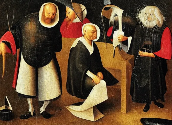 Image similar to judge wearing a bench wig is making a haircut to another judge with a bench wig, by hieronymus bosch