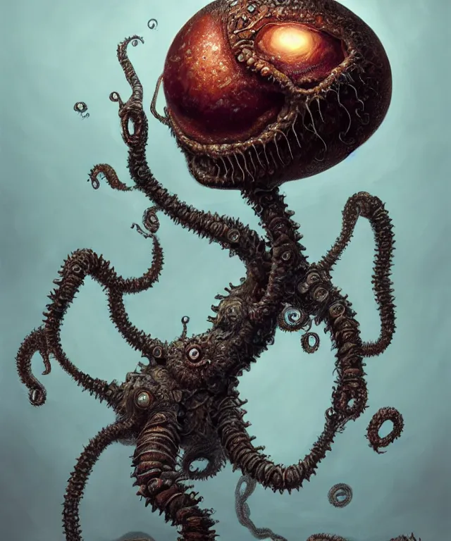 Image similar to hziulquoigmnzhah, head dangling underneath body!!!!, spherical body, elongated arms, short legs, lovecraftian horror!, surrealism, fantasy, intricate, elegant, highly detailed, digital painting, artstation, concept art, matte, sharp focus, illustration, art by keith thompson and christopher lane