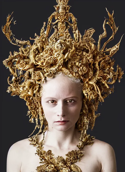 Image similar to a portrait of elizabeth cuthbert by stefan geselle and nekro borja, photorealistic, intricate details, hyper realistic, fantasy, elegant, baroque gold headpiece, photorealistic, canon r 3, photography, wide shot, symmetrical features, symmetrical pose, wide angle shot, head to toe, standing pose, feet on the ground, wearable art