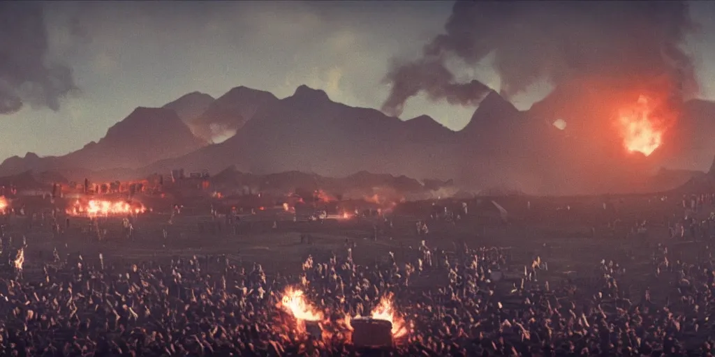 Image similar to realistic cinematic views of a orwellian coachella with fires in the background and dead seagulls falling from the sky in front of the main stage, realistic, cinematic, newspaper, dramatic lighting, depth of field background by victor mosquera, misty, terror glow, unreal engine 5 render, 3 5 mm film grain