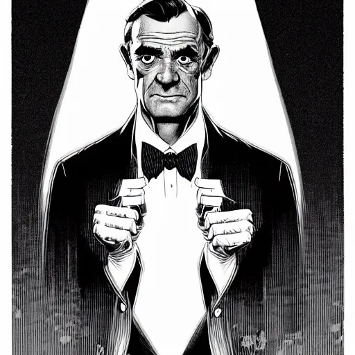 Image similar to spy portrait soft light, by killian eng and joe fenton and bernie wrightson and conrad roset, inspired by sean connery james bond, etching, fine, sharp high detail,